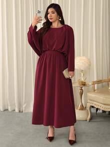 Firerie Vestido largo de línea A con cuello redondo, cintura fruncida, cintura alta, manga de murciélago y manga larga, elegante, exquisito, romántico y encantador para fiesta de Año Nuevo, baile, cita de San Valentín, talla grande, color morado rojo - Rojo violeta - Ver 5
