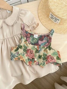 SHEIN 女婴复古碎花图案背心和彼得潘领短袖连衣裙套装 - 彩色 - 查看 4