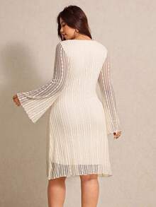 Elaquor Plus Size Elegant Minimalist Solid Color Round Neck Textured Dress, Autumn Cream Mesh For Women Spring Outfit Fall - Beige - View 2