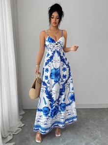 Elenzga Spaghetti Strap Deep V-Neck Twist Design Flared Dress, Blue, Vacation/Bohemian Style - Blue and White - View 6