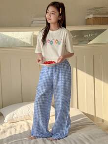 DAZY Tween Girl Letter & Cartoon Print Round Neck Drop Shoulder T-Shirt And Plaid Pants Set - White - View 5