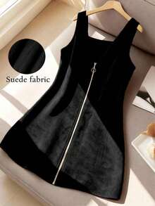 GlowEve CURVE 大码女式仿麂皮背带连衣裙，棕色交叉肩带设计，优雅休闲长款连衣裙，适合返校、毕业典礼、情人节、音乐节、母亲节、万圣节、感恩节、复活节、国庆节、舞会、约会、派对、婚礼、户外活动等场合。 - 黑色 - 查看 1