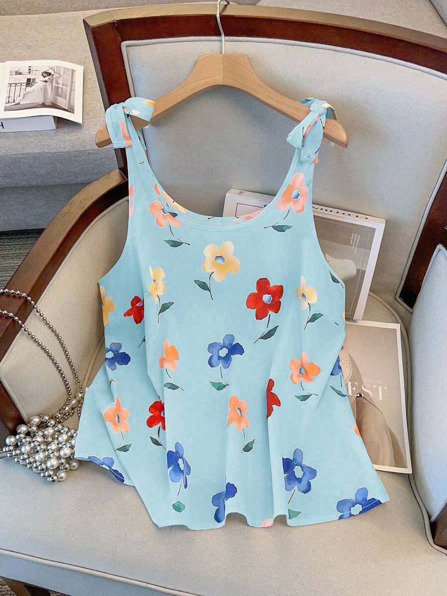 GlowEve CURVE Áo hai dây thắt nơ in hoa dành cho nữ cỡ lớn, kiểu dáng thanh lịch, tươi mát đậm chất đồng quê, thích hợp cho mùa hè. - Màu xanh lam - Xem 1