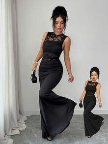 Rafferiza Vestido elegante y sexy de cola de pez con cuello redondo, parche de encaje y volantes en el bajo para mujeres - Negro - Ver 8