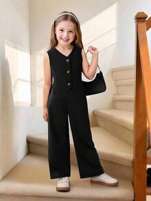 Young Girl Casual Solid Color Top And Pants 2 Pieces Set - Black - View 1