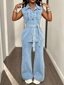 DAZY 春夏浪漫设计宽松休闲通勤优雅蓝色无袖衬衫和直筒牛仔裤女式两件套 - 藍色 - 查看 3