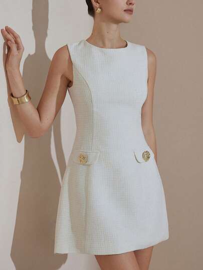 Aveloria Rosie Vestido elegante sin mangas con decoración de botones dorados, cintura ceñida, de moda y versátil, nuevo estilo europeo de otoño/invierno