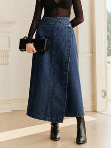 Anewsta 女士优雅浪漫派对度假A字牛仔裙，春夏款 - 藍色 - 查看 1