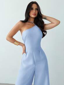 Firerie 优雅亚麻露背褶皱腰部阔腿连体裤，休闲、度假、通勤、夏季 - 淺藍色 - 查看 3