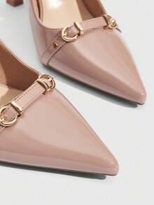 CUCCOO SZL 女士尖头细高跟杏色搭扣露跟高跟鞋，简约时尚性感通勤女鞋 - 鏡面杏 - 查看 6