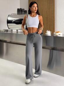 SHEIN EZwear 夏季休闲两件套女士针织抽绳腰休闲裤套装 - 彩色 - 查看 4