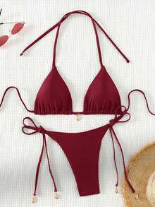 Swim Basics Women's Burgundy Halter Tie Triangle Bikini Set,Summer Casual Beach Holiday Vacation Holiday Solid Color Modest Swimwear Set - Burgundy - View 3