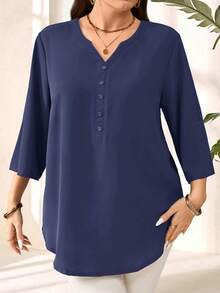 Miaspire Blusa de verano casual de unicolor azul de manga 3/4 para mujer de talla grande, ideal para primavera temprana, verano, vacaciones, vacaciones de primavera, vacaciones, salidas, nueva colección 2026, simple y de moda para uso diario, blusas de cuello en V para mujeres - Azul - Ver 7