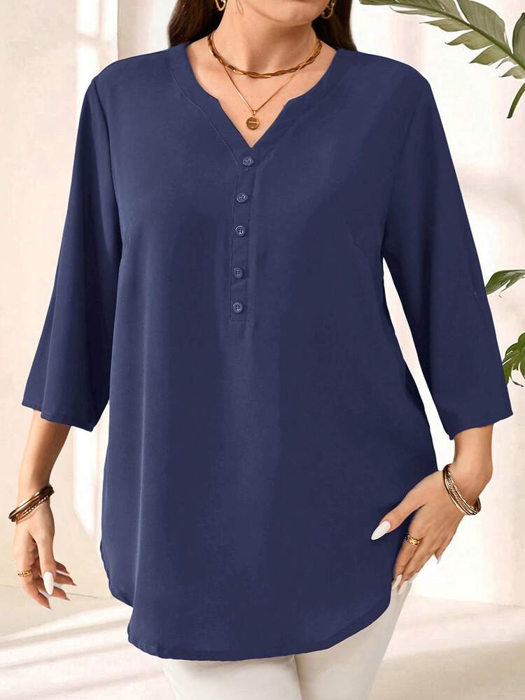 Plus Size Women's Summer Casual Vacation Solid Color Blue 3/4 Sleeve Blouse Top, Early Spring For Summer/ Vacation,Spring Break,Vacation,Holiday,Going Out,2026 New,Simple And Fashionable For Everyday Wear, V Neck Blouses For Women