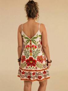 Travachic Plus Size Retro Print Slip Dress, Vacation Style Plus Size Resort Wear Plus Size Sundress Plus Size Sun Dress Boho Dress Plus Size - Apricot - View 2