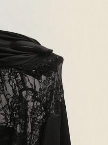 SHEIN ICON 大码女式时尚蕾丝拼接荷叶边迷你连衣裙 - 黑色 - 查看 12