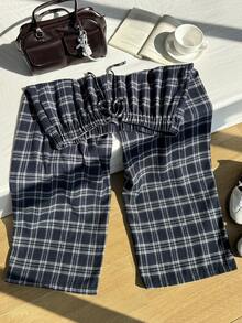 SHEIN EZwear 加大码女式格子裤，黑白格子松紧腰带口袋阔腿休闲宽松裤，女式冬季服装 - 彩色 - 查看 7