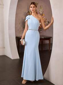 MOTF Soiréza WOMEN'S ELEGANT ASYMMETRIC SHOULDER MERMAID HEM LONG DRESS - Blue - View 6