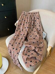 SHEIN Clasi 25pcs Retro French Plaid Elastic Waist Straight Leg Pants (Pattern And Direction Random) - Brown - View 2