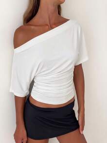 Aloruh Loose Shoulder, Tight Waist, Ruched Waist Basic T-Shirt - White - View 9