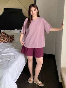 Dazy Plus 两件套休闲家居服，宽松短袖上衣和松紧腰短裤，大码女式睡衣，春夏款 - 紫色 - 查看 5