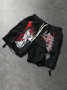 ROMWE MEN 男士朋克印花抽绳腰带短裤，夏季 - 黑色 - 查看 3