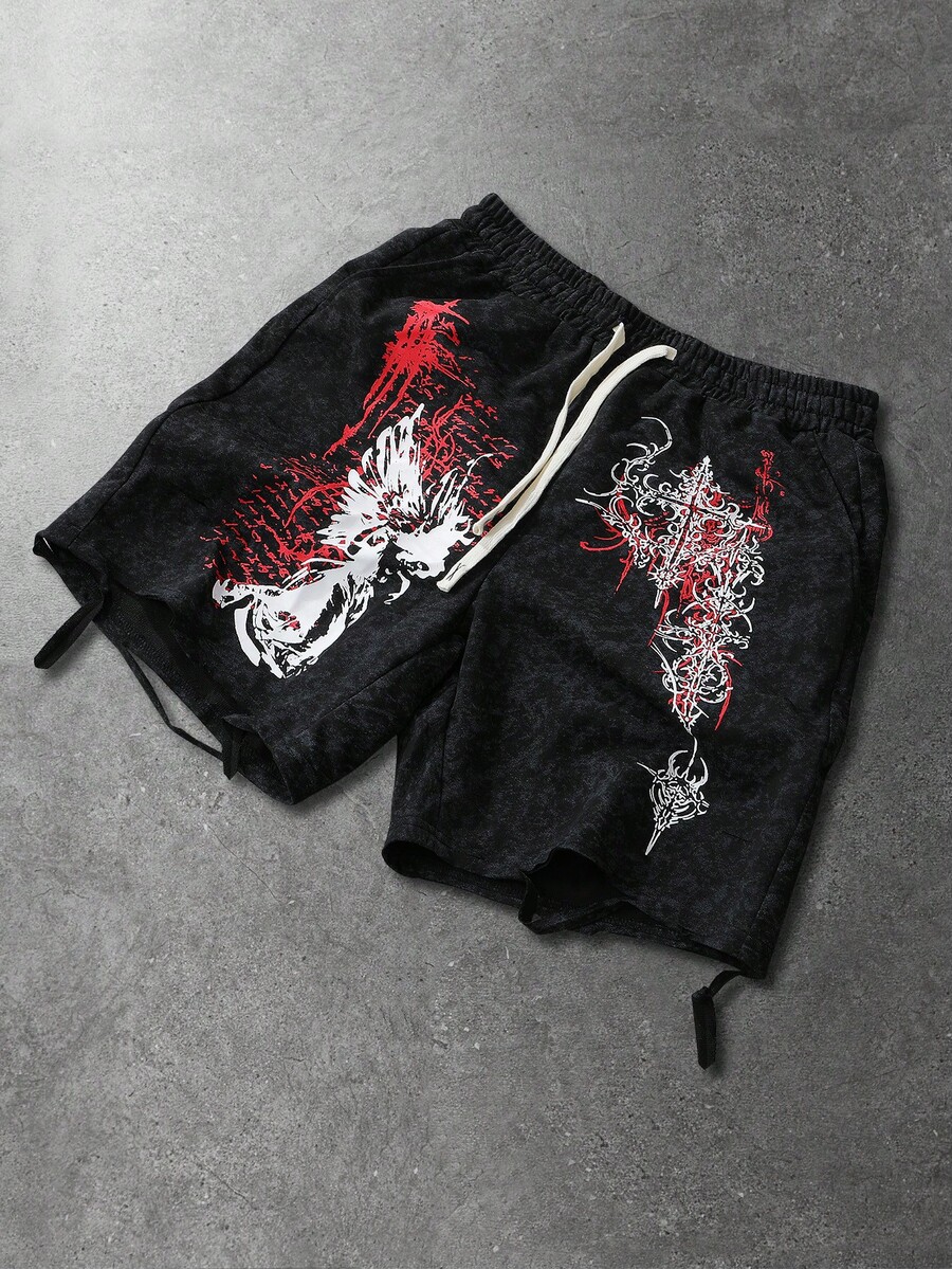 ROMWE MEN 男士朋克印花抽绳腰带短裤，夏季 - 黑色 - 查看 1