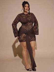 SHEIN BAE Đầm ôm sát màu đen phối ren dành cho nữ cỡ lớn - Cà phê nâu - Xem 6