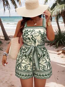 SHEIN LUNE Mono informal sin mangas con estampado aleatorio para vacaciones en talla grande - Multicolor - Ver 4