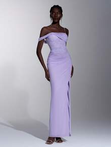 Elitara Robe de soirée maxi élégante et luxueuse pour femmes, en dentelle violette avec patchwork, tricot élastique, bretelle ajustable à une épaule, fente sexy haute - Mauve - Voir 7