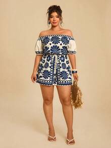 Travachic 大码女式蓝白碎花短款连体裤，露肩短袖收腰连体裤，休闲度假连体裤 - 藍白色 - 查看 4