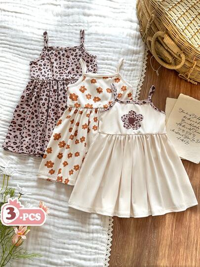 SHEIN Vintaside Kids 3pcs/Set Baby GirlCute Floral & Butterfly Print Comfortable Simple Dress
