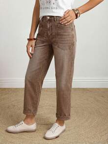 EMERY ROSE Plus Size Women Casual Everyday Commute Patchwork Pocket Washed Straight Leg Jeans - Camel - View 7