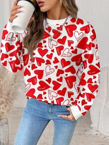 SHEIN LUNE Casual Minimalist Valentine's Day Atmosphere Heart Print Round Neck Loose Fit Women Sweatshirt, Suitable For Outings, Family Wear, Sisters Matching, Chic, Commuting, Weddings, Parties - Multicolor - View 4
