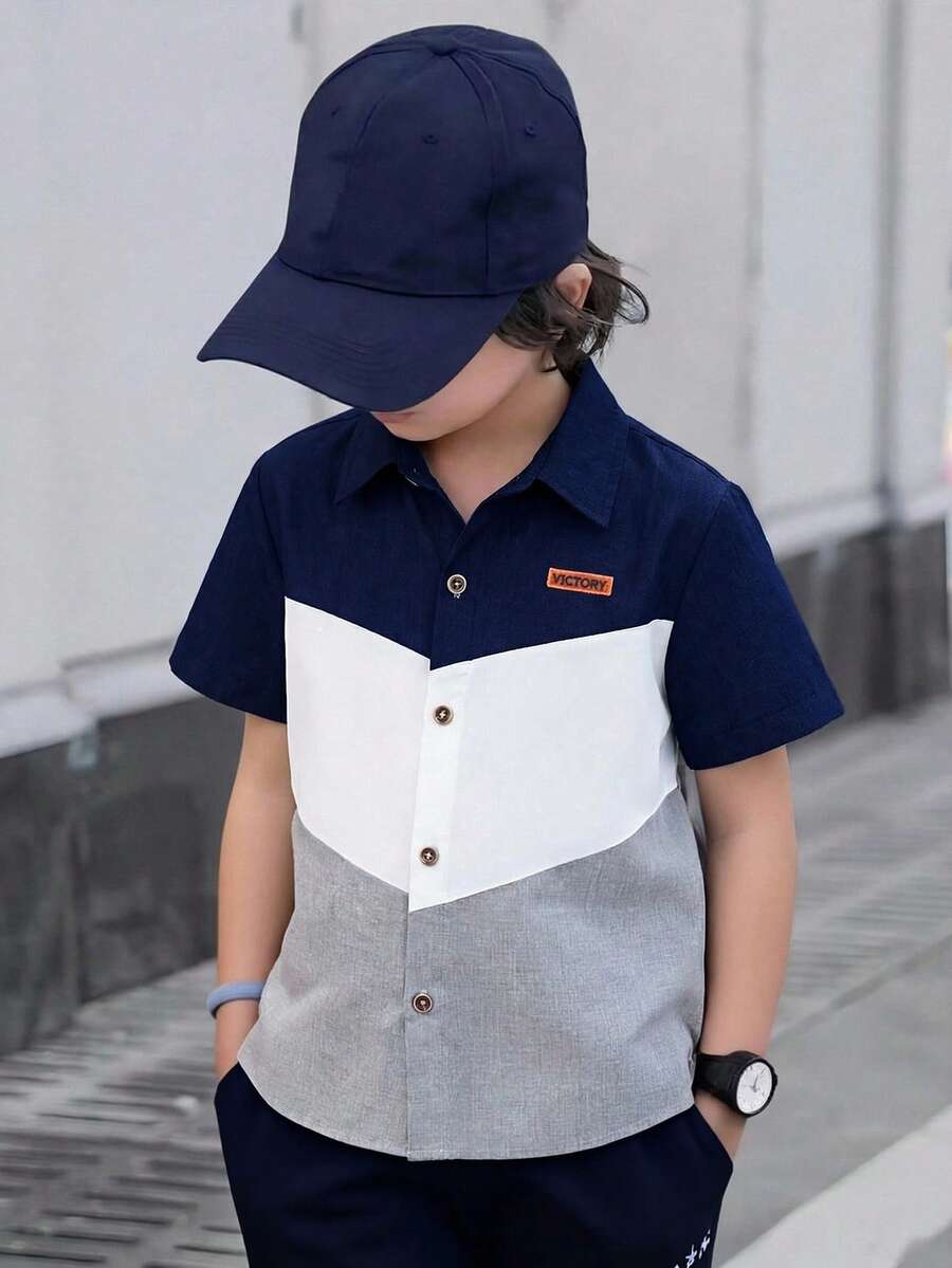 SHEIN Mirajuku 男童撞色短袖纽扣休闲夏季衬衫 - 彩色 - 查看 1