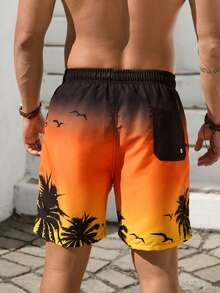 VIVINTIMO Men's Palm Tree Printed Beach Shorts,Hawaiian - Yellow - View 2