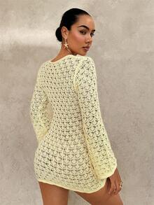 SHEIN Women's Summer Beach Hollow Out Long Sleeve Short Dress, Knitted Cover Up - Yellow - View 2