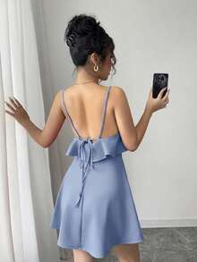 Elenzga Women's Sexy Backless Tie-Knot Ruffle Waist Camisole Dress, Suitable For Summer Vacation And Dates - Baby Blue - View 5
