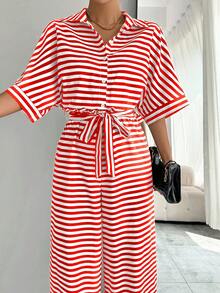 SHEIN LUNE Mono de mujer con mangas de murciélago y nudo delantero con estampado de rayas - Multicolor - Ver 6