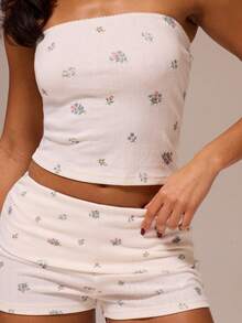 MUSERA ESSENTIALS Blümchen bedruckter Pointelle Bandeau-Top mit umklappbaren Mini-Shorts, 2 Stücke Set, Frühling Winter, gemütlich, süß, täglicher Mädchen-Loungewear Grundbedarf - Verschiedenfarbig - Übersicht 6