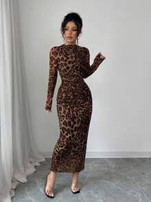 SHEIN Tall Women's Brown Leopard Print Elastic Mesh Ruched Bodycon Dress, Fashionable And Elegant For Spring/Summer - Brown - View 5