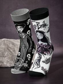 Corpse Bride X SHEIN 2双装柔软透气吸湿休闲中筒袜，时尚黑白船袜，加固袜头和袜跟，经久耐穿，男女通用，情侣四季皆宜，夏季冬季百搭，图案袜子 - 彩色 - 查看 2