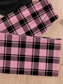 2pcs/Set Teen Girls Black Round Neck Short Sleeve Top With 67 & Bow Print, Paired With Plaid Print Pants, Casual Outfit - Multicolor - View 6