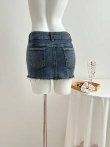 Elamini Women's Summer Casual Embroidered Denim Mini Skirt - Dark Wash - View 2