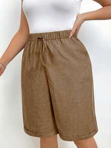 EMERY ROSE Quần short Bermuda nữ cỡ lớn, màu trơn, thắt eo, có túi. - Màu Khaki - Xem 4