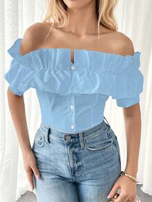 Almamuse Women's Solid Color Single-Breasted Off Shoulder Ruffle Blouse - Blue - View 7