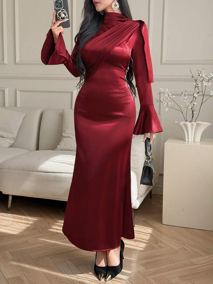 Spring/Summer Elegant Long Satin Dress, Fashion Party/Wedding/Banquet Formal Gown, Slim Fit Commuting Dress, Red Color Dress Sundress