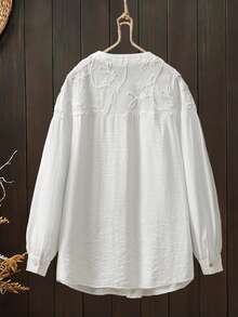 SHEIN Lacomfia White Embroidered Patchwork Shell Button Collar Shirt - White - View 2