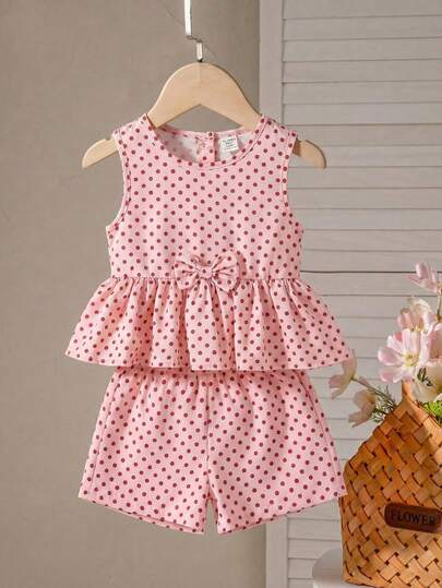 SHEIN Playful Pals 2pcs Baby Girl Cute Sweet Retro Vintage Fashion Pink Red Polka Dot Print Pattern Bow Knot Decor Ruffle Peplum Hem Sleeveless Tank Top And Elastic Paperbag Waist Shorts Bottoms Two Pieces Outfit Sets Soft Clothes For Daily Wear Party Beach Vacation Photo Shoot Summer