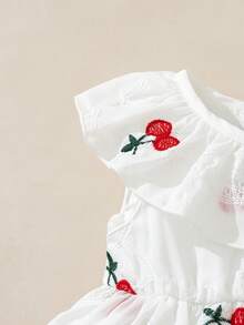 Souflis Souflis Baby Mädchen Sommer Neu Rüschen Kragen Lochstickerei Kirsche Muster Vintage Ärmellos Kleid - Rot-Weiß - Übersicht 10